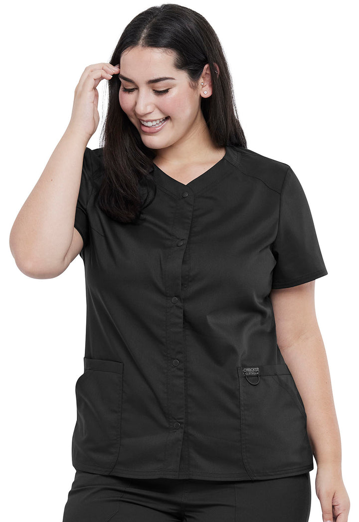 Women's Snap Front V-Neck Top - Black